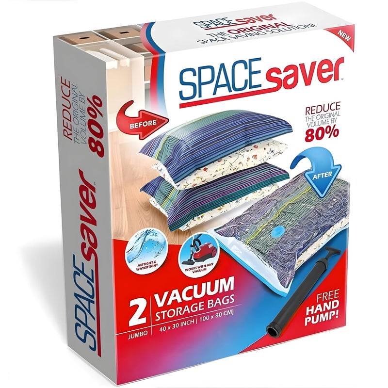 Spacesaver 2 Pack Jumbo Vacuum Storage Bags for Blankets & Clothes â€“ Jumbo Vacuum Sealed Compression Bags with Hand Pump â€“ Space Saver Storage Bags for Bedding, Moving, Travel & Organization - Image 1